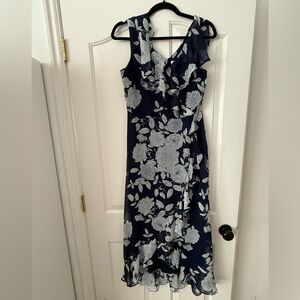 London Times Navy Asymmetrical Dress with White Floral Design